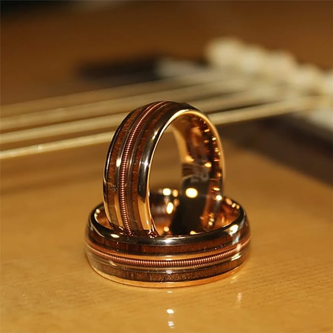 Guitar String & Whiskey Barrell Mens Wedding Ring Hawaiian Koa Rose Gold Tungsten Wedding Band