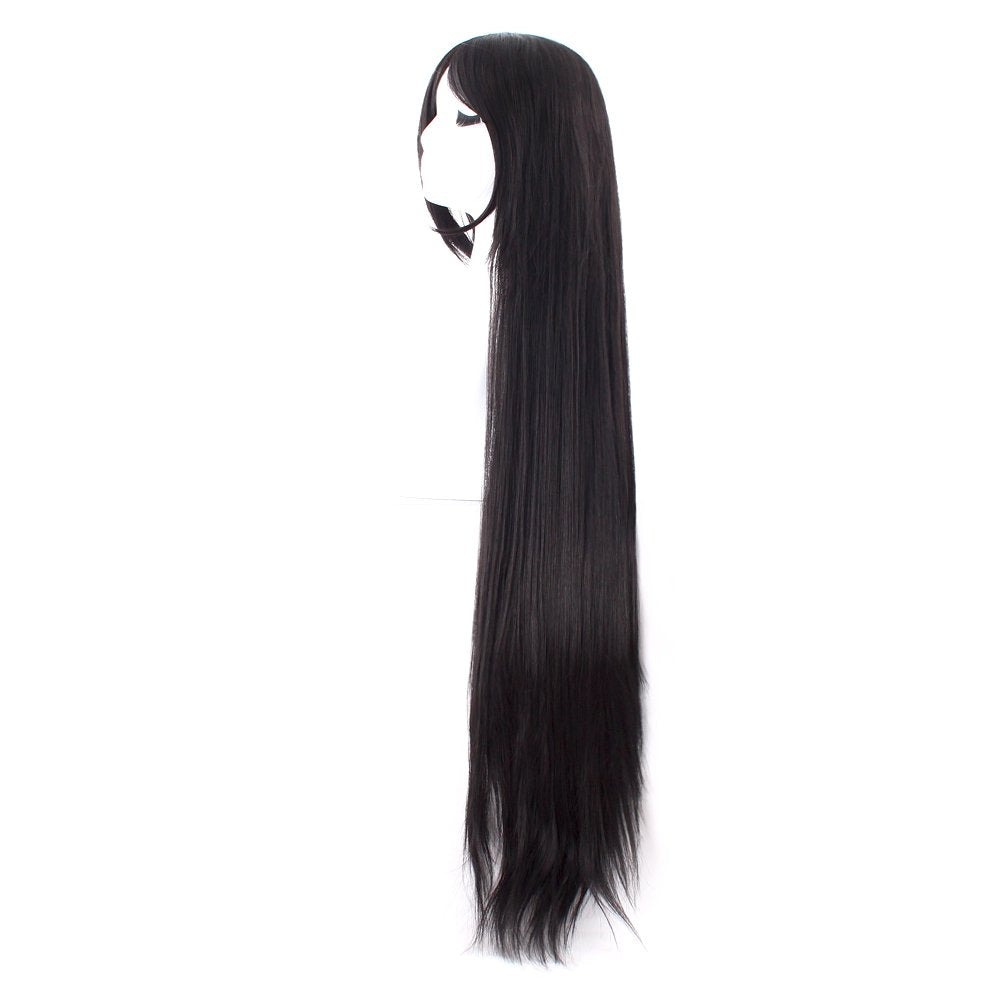 Anime Wig 40 Inch COSTUME Hair - 100cm Slant Bangs, Super Long Black Straight Cosplay Hair, Heat Resistant, Adjustable Synthetic High Quality