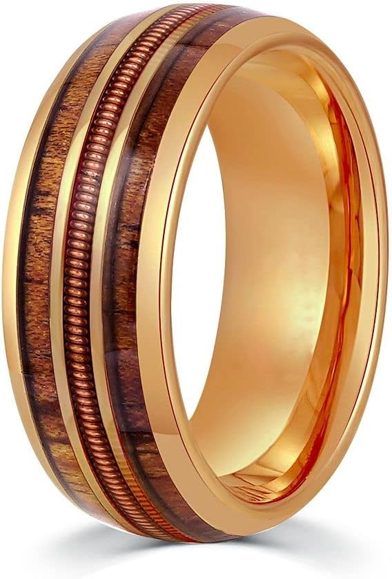 Guitar String & Whiskey Barrell Mens Wedding Ring Hawaiian Koa Rose Gold Tungsten Wedding Band