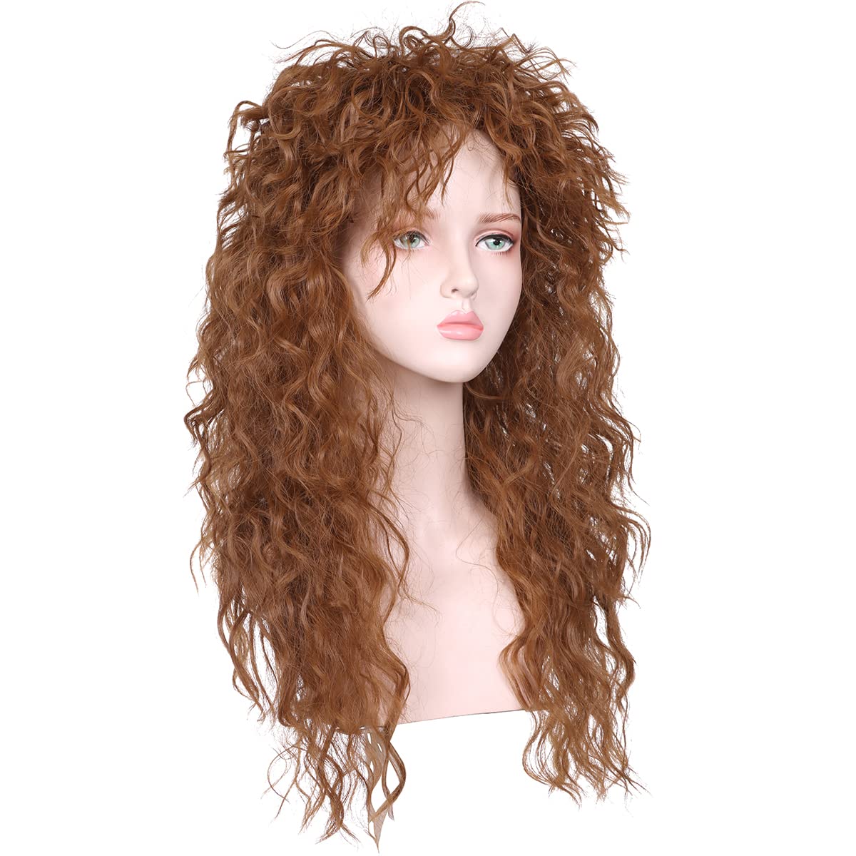 Men and Women Long Curly Brown Wig 70s 80s Rocker Mullet Party