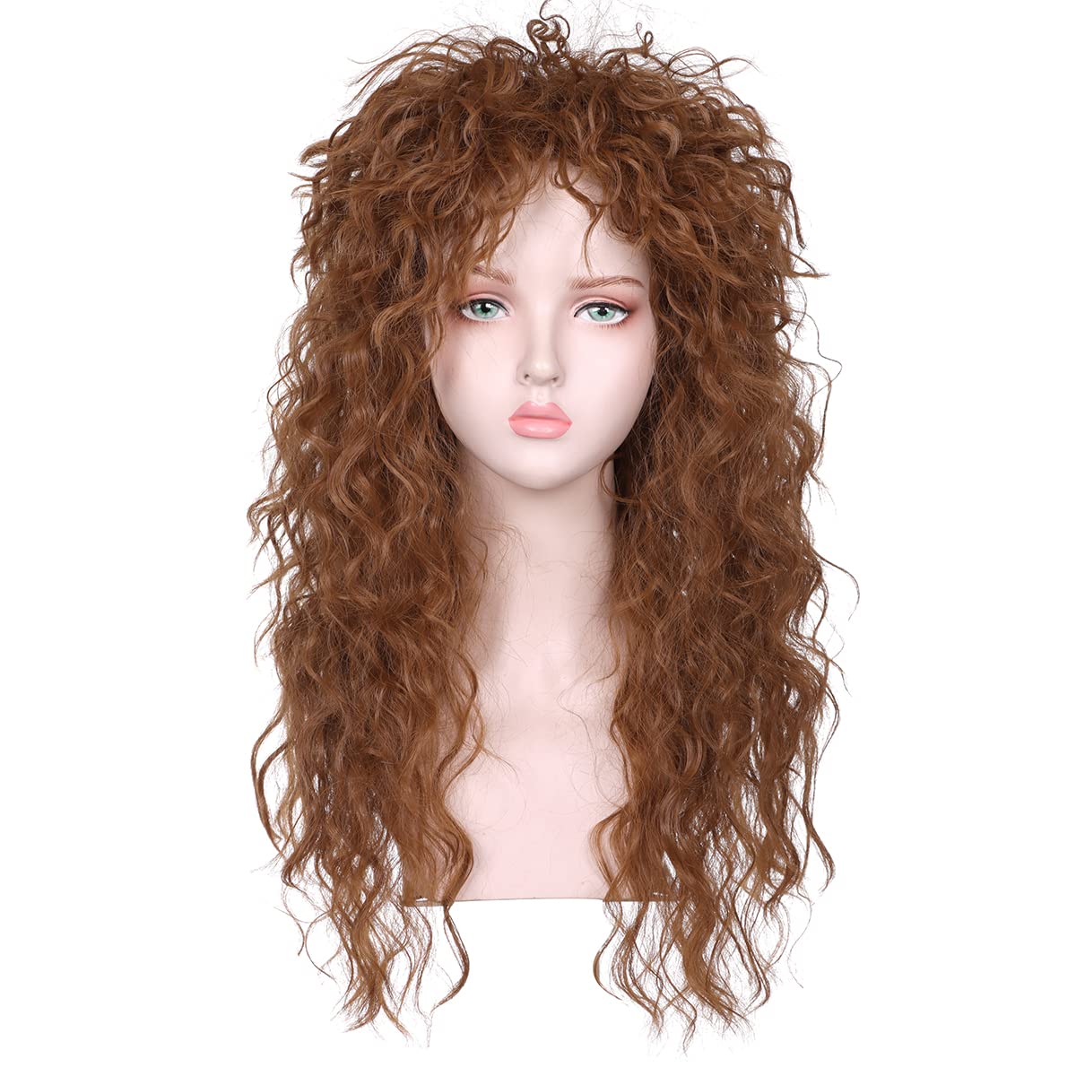 Men and Women Long Curly Brown Wig 70s 80s Rocker Mullet Party