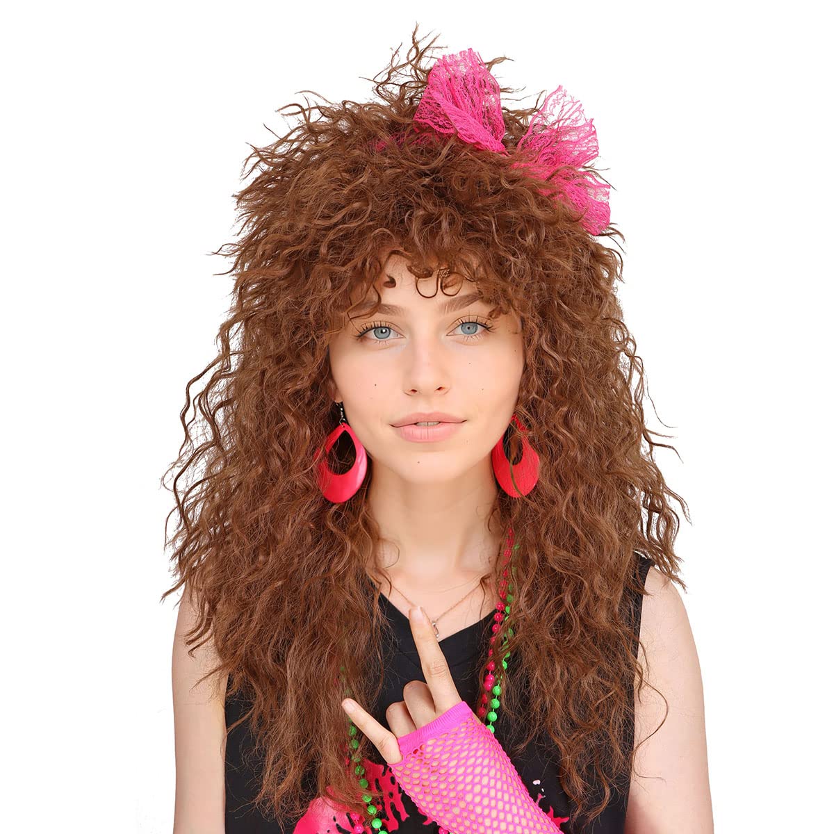 Men and Women Long Curly Brown Wig 70s 80s Rocker Mullet Party