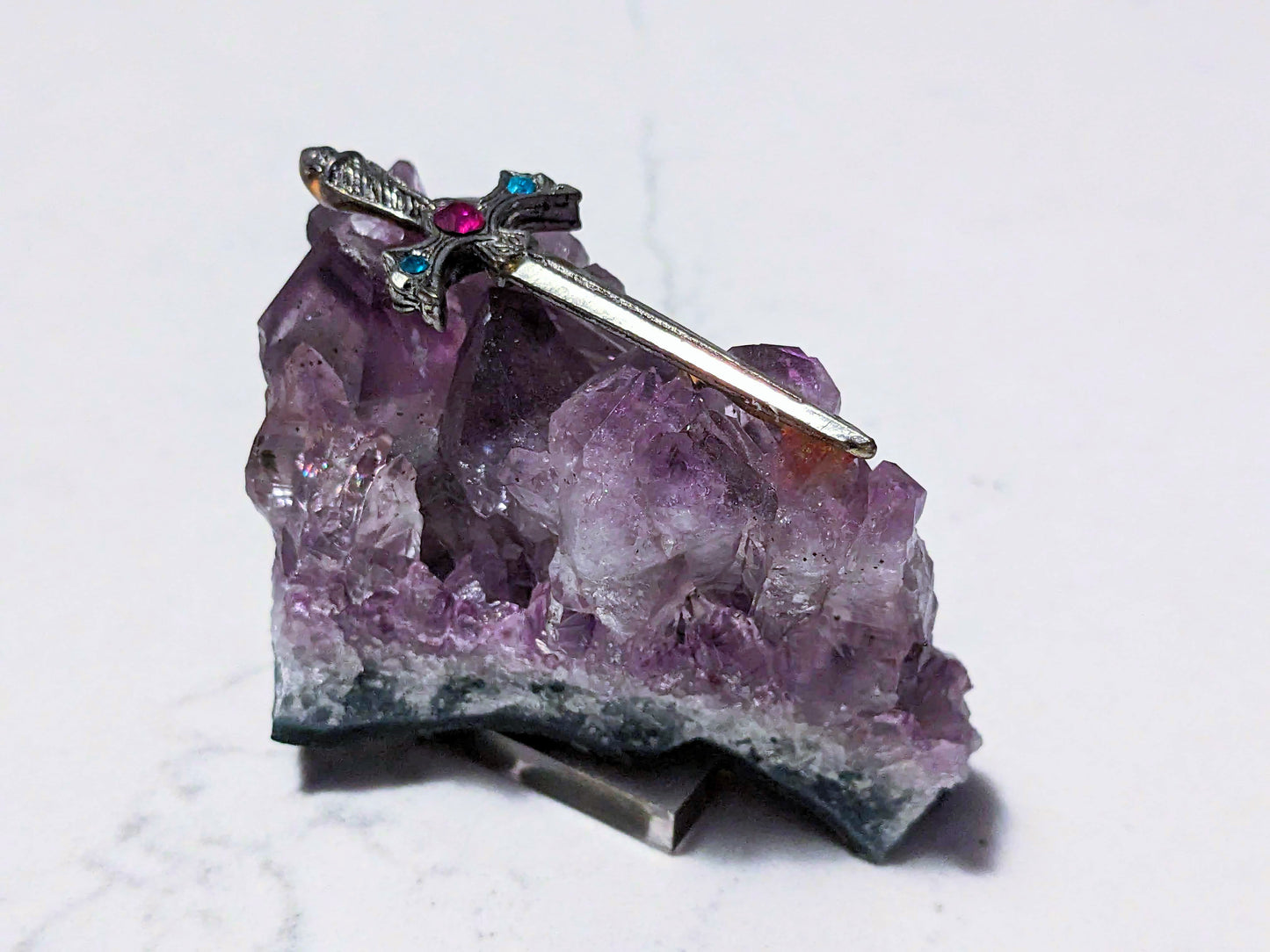 Amethyst with Pewter & Crystal Sword 70's Purple Natural Crystal Quartz Cluster