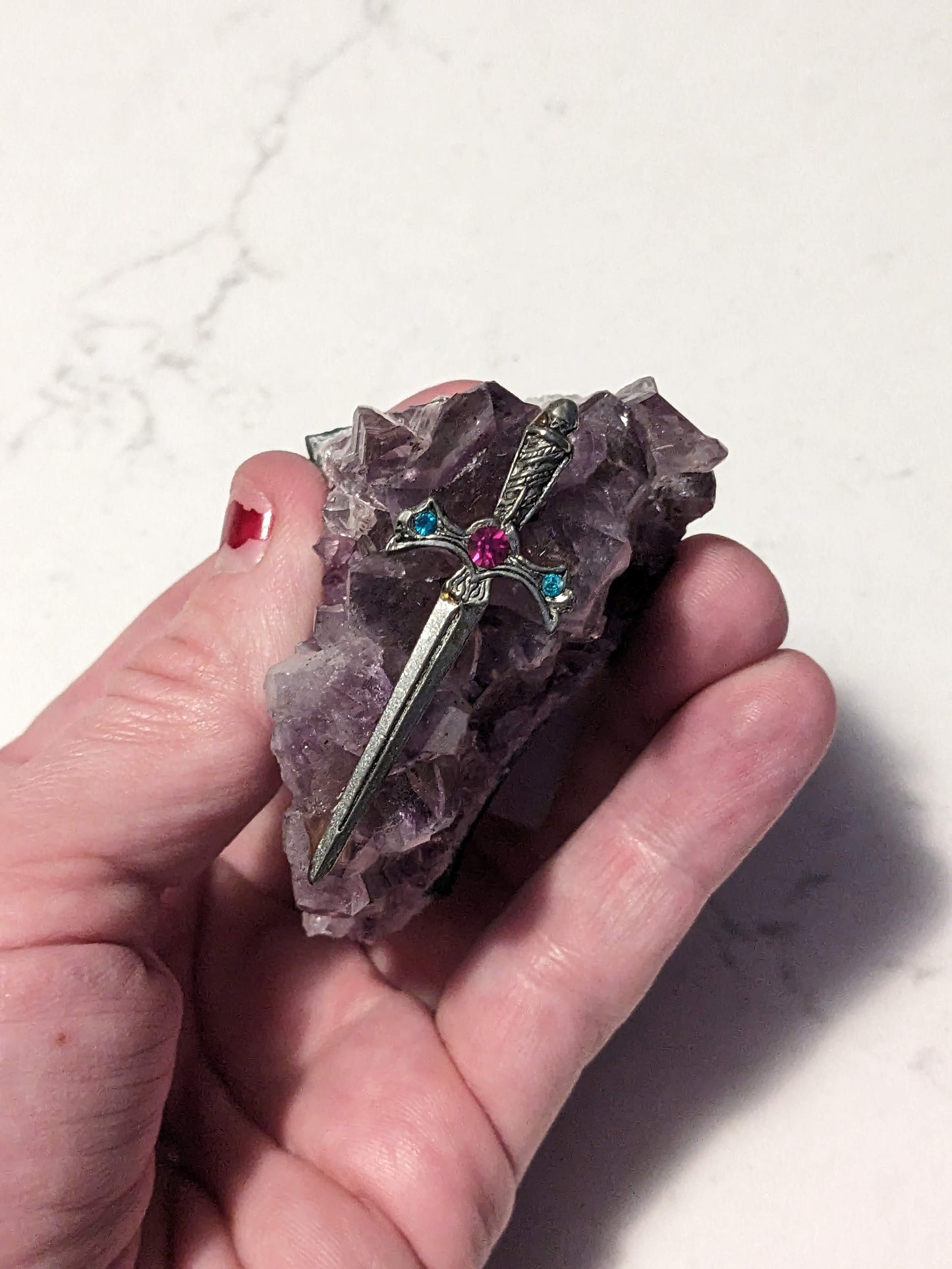 Amethyst with Pewter & Crystal Sword 70's Purple Natural Crystal Quartz Cluster