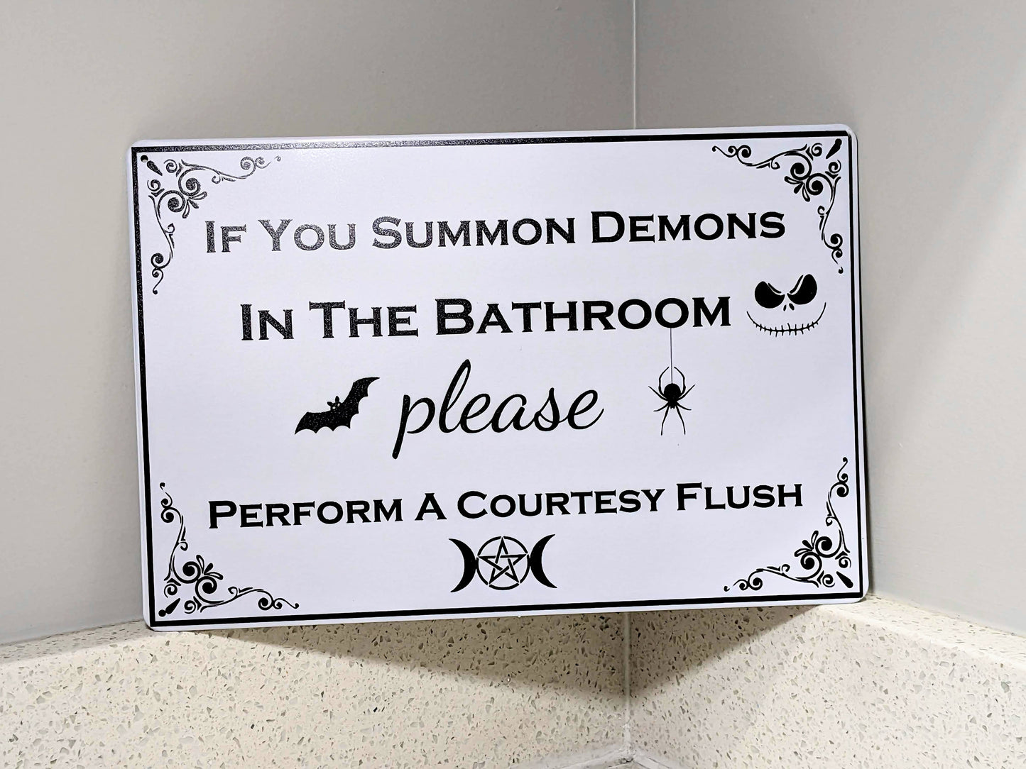 Summon Demons Funny Bathroom Sign (Metal 8x12'') Please Courtesy Flush