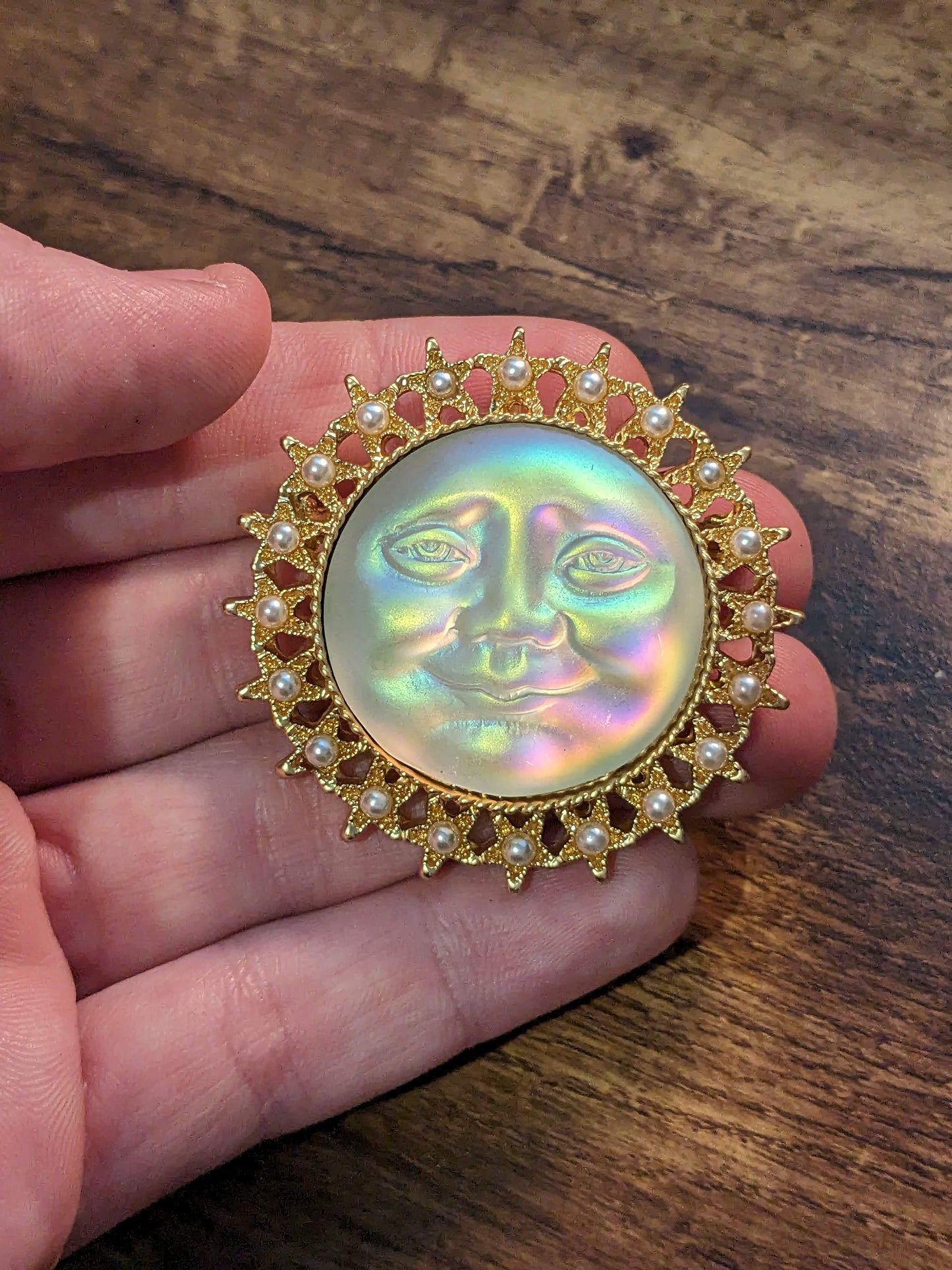 Shining Moon Face Iridescent Vintage Style Brooch