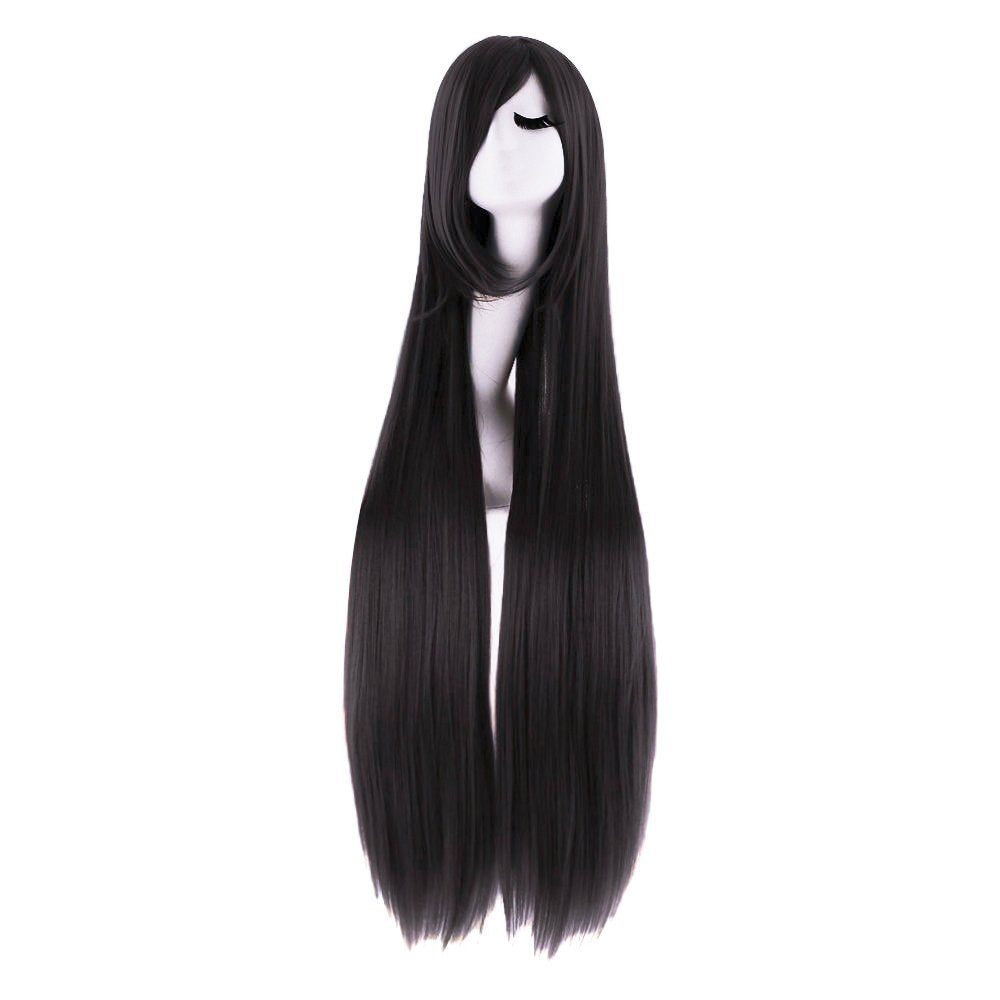 Anime Wig 40 Inch COSTUME Hair - 100cm Slant Bangs, Super Long Black Straight Cosplay Hair, Heat Resistant, Adjustable Synthetic High Quality