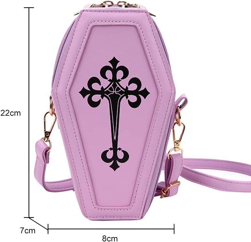 COFFIN MINI BAG Vegan Leather Gothic Pink Spooky Shaped Crossbody Bag, Y2K Cross - Asylum Books