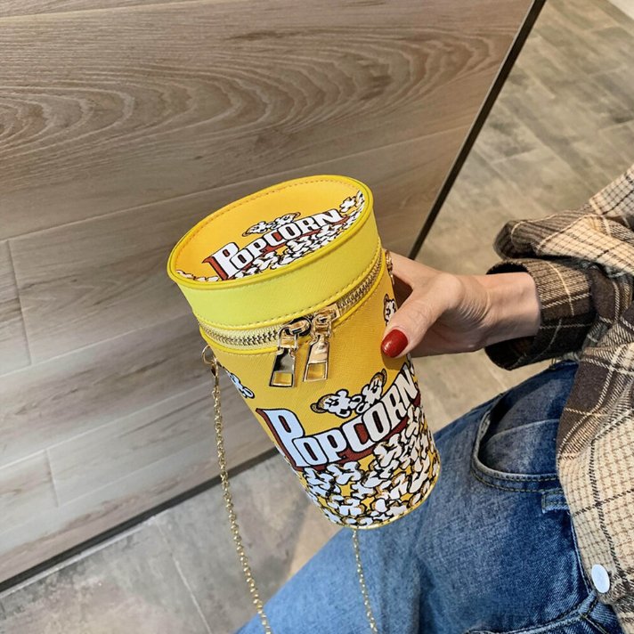 POPCORN BUCKET Mini BAG Shaped Metal Chain Crossbody Bag, Vegan Leather Novelty Bag Purse, Fancy Creative Fashion Shoulder Bag with Zipper - Asylum Books