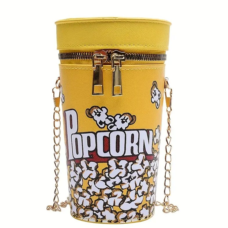 POPCORN BUCKET Mini BAG Shaped Metal Chain Crossbody Bag, Vegan Leather Novelty Bag Purse, Fancy Creative Fashion Shoulder Bag with Zipper - Asylum Books