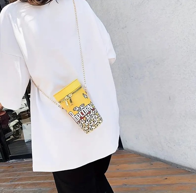 POPCORN BUCKET Mini BAG Shaped Metal Chain Crossbody Bag, Vegan Leather Novelty Bag Purse, Fancy Creative Fashion Shoulder Bag with Zipper - Asylum Books