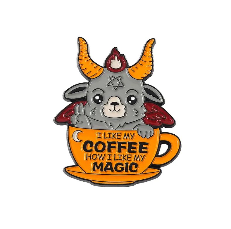Satan Cat Pin - "I LIke My Coffee How I Like My Magic" Adorable Hand Painted Enamel Brooch - Asylum Books