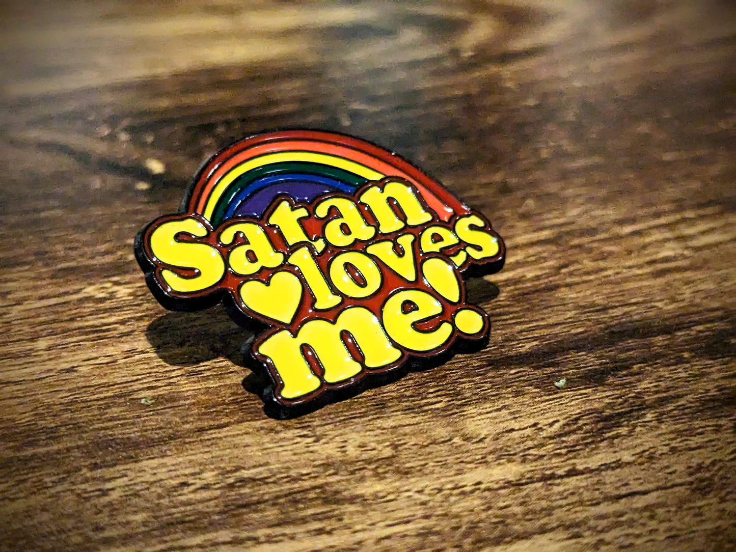 SATAN LOVES ME Enamel Pin Funny Retro Rainbow Vintage Style Artwork, Demon Devil Gag Gift, Halloween Spooky Vibes, Jewelry, Brooch Throwback - Asylum Books
