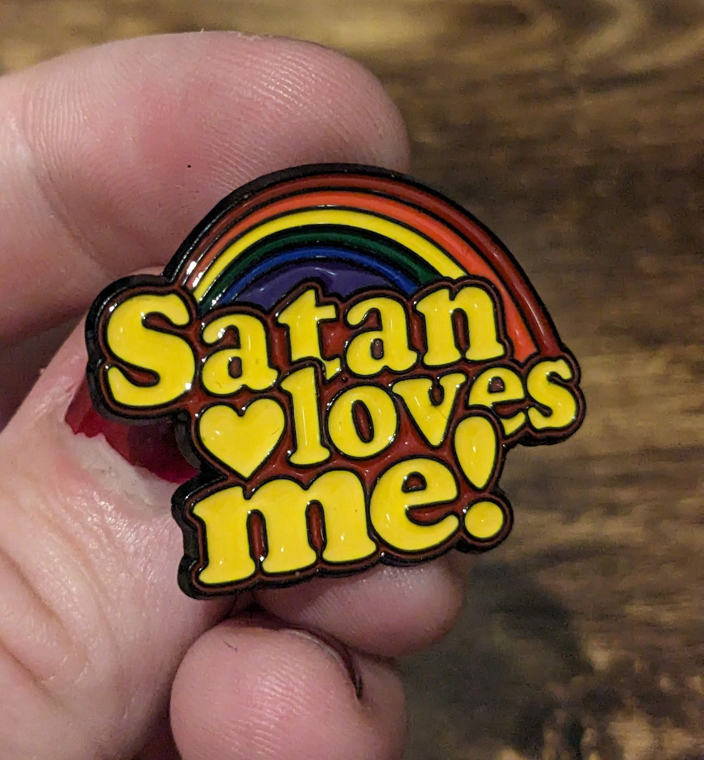 SATAN LOVES ME Enamel Pin Funny Retro Rainbow Vintage Style Artwork, Demon Devil Gag Gift, Halloween Spooky Vibes, Jewelry, Brooch Throwback - Asylum Books