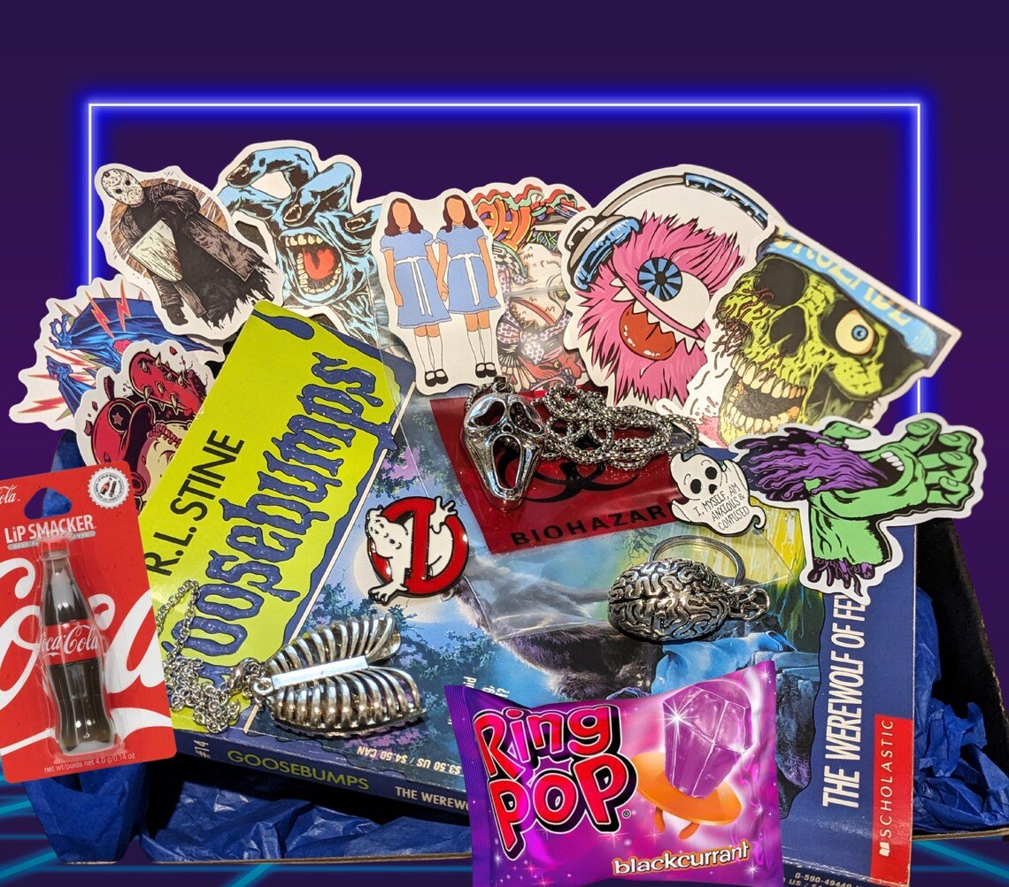 SPOOKY MYSTERY SURPRISE Box - Vintage Goosebumps Books, Spooky Mystery Pack, 90s gifts, Horror Stickers, Spooky Pack, Pins, Keychains Decals - Asylum Books