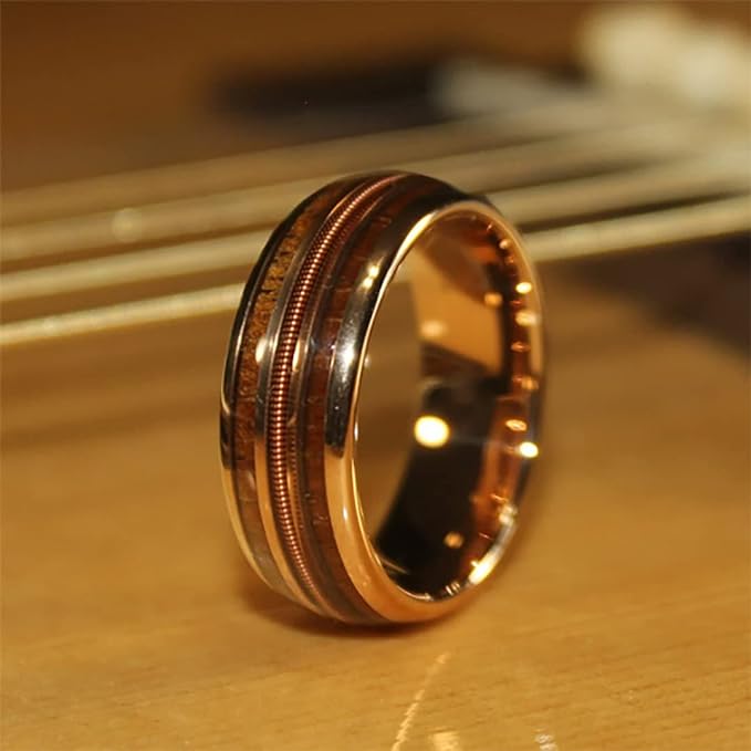 Guitar String & Whiskey Barrell Mens Wedding Ring Hawaiian Koa Rose Gold Tungsten Wedding Band