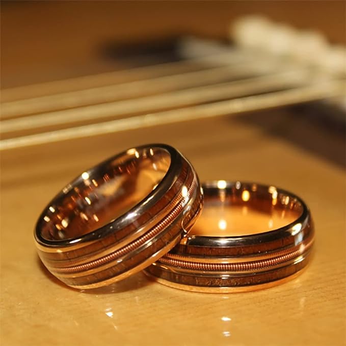 Guitar String & Whiskey Barrell Mens Wedding Ring Hawaiian Koa Rose Gold Tungsten Wedding Band