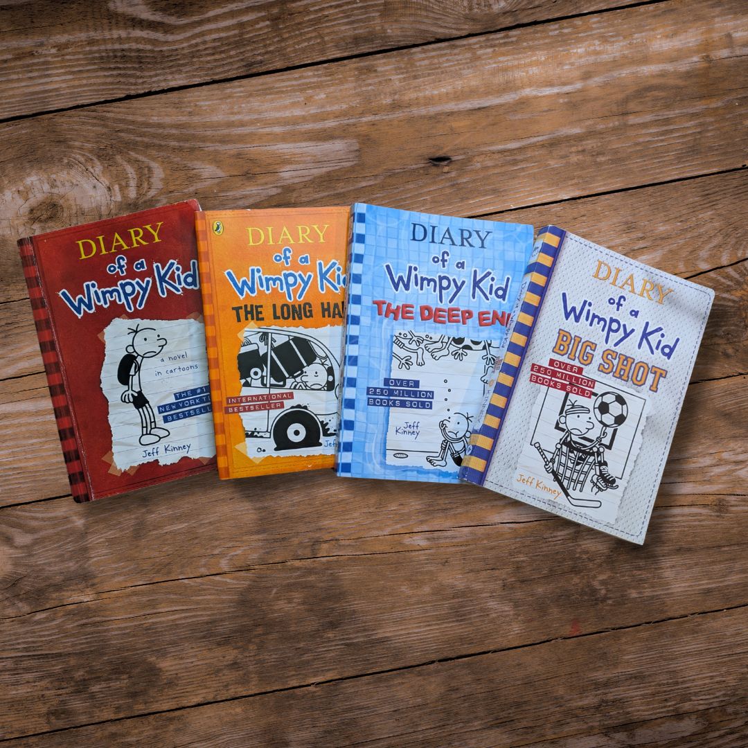 Diary of Wimpy Kid (4-pack Paperback Set) by Jeff Kinney - #1, 9, 15, 16 Kids Book Lot