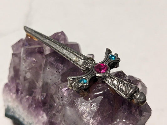 Amethyst with Pewter & Crystal Sword 70's Purple Natural Crystal Quartz Cluster