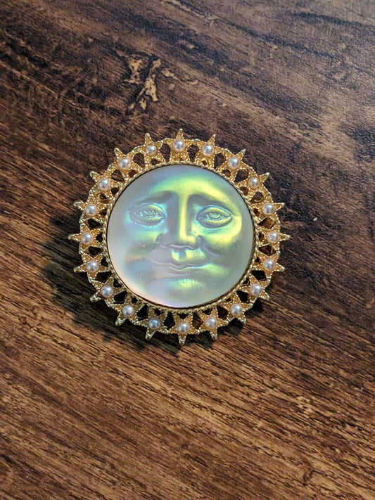 Seaview Iridescent Moon Face Unsigned Kirks Folly Vintage Style Brooch Pin Gift