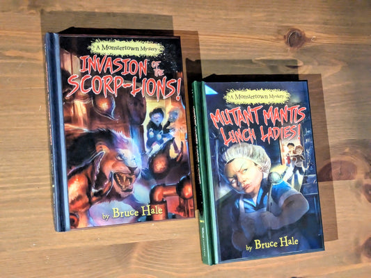 Monstertown Mysteries 2-Pack Set (Invasion of the Scorp-Lions, Mutant Mantis Lunch Ladies) by Bruce Hale - Holographic Hardcovers
