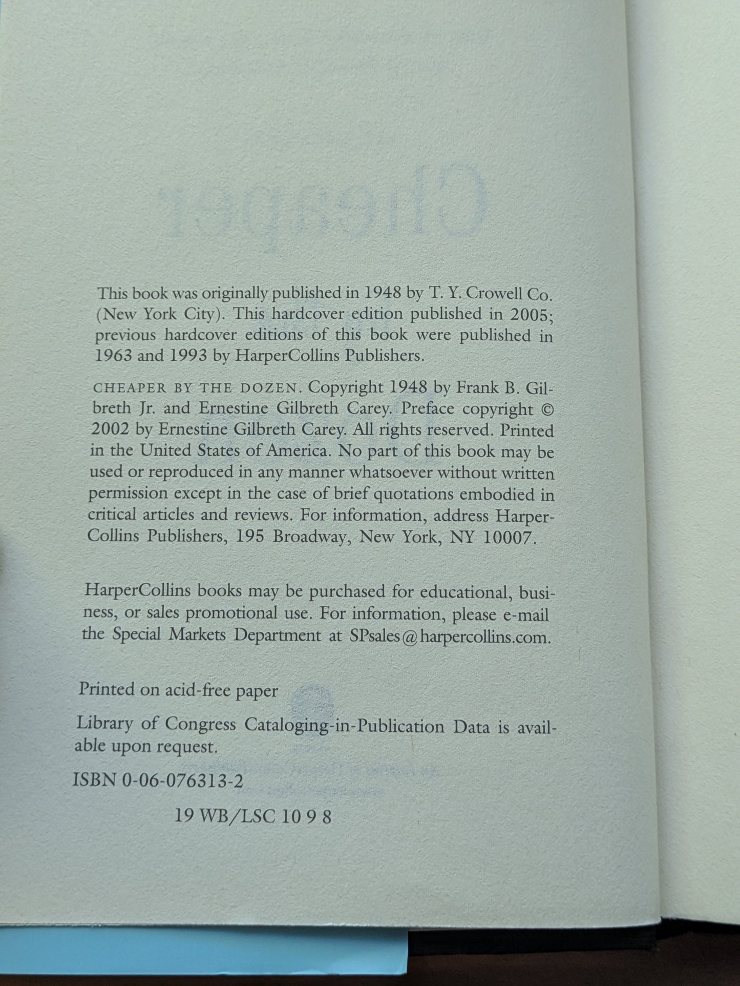 Cheaper by the Dozen (2002 Hardcover) by Frank B. Gilbreth Jr., Ernestine Gilbreth Carey