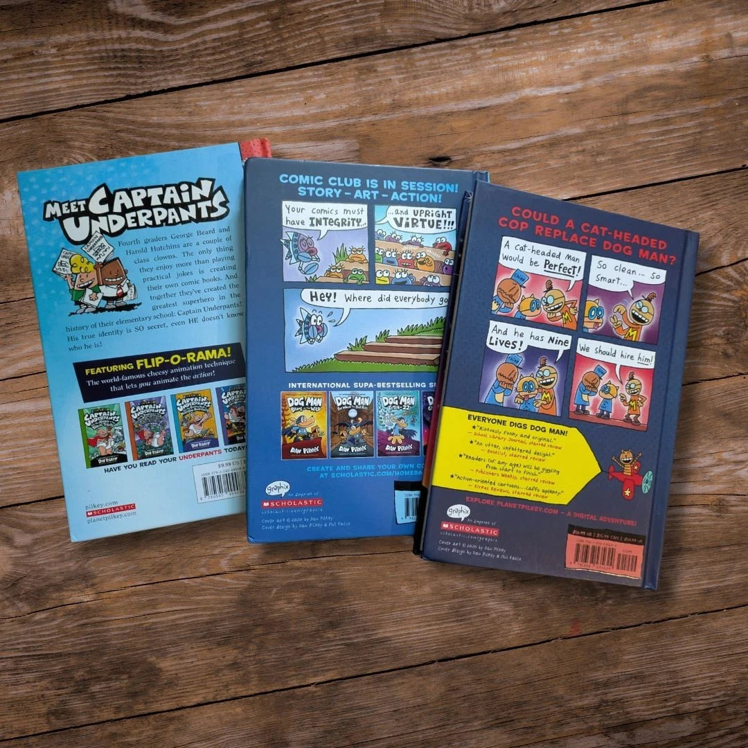 Dav Pilkey Gift Set (3pk Hardcovers) Dog Man: Grime & Punishment, Adventures of Captain Underpants, Cat Kid Comic Club
