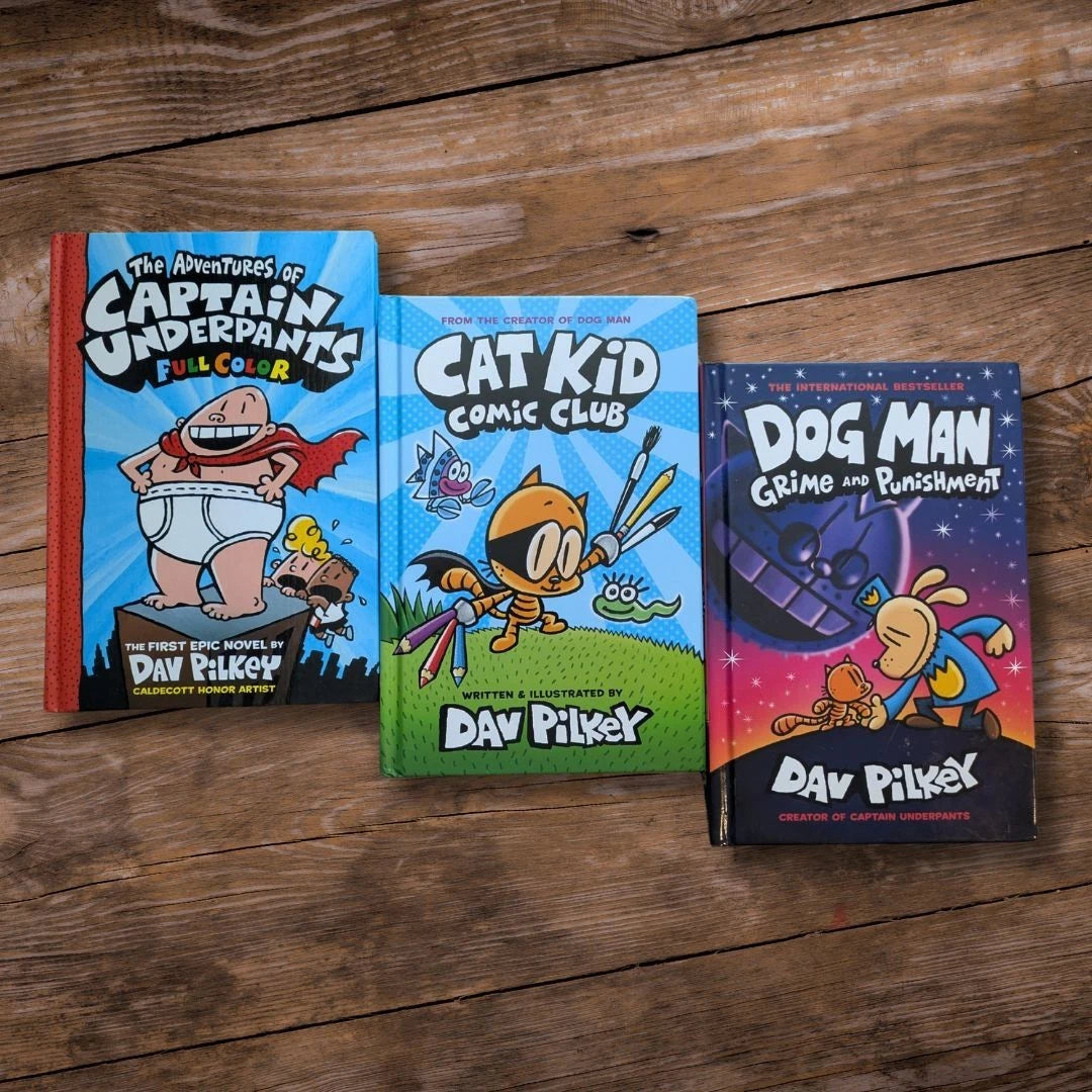 Dav Pilkey Gift Set (3pk Hardcovers) Dog Man: Grime & Punishment, Adventures of Captain Underpants, Cat Kid Comic Club