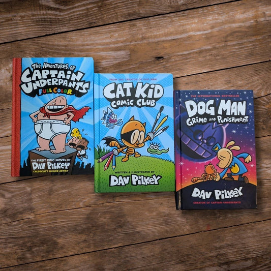 Dav Pilkey Gift Set (3pk Hardcovers) Dog Man: Grime & Punishment, Adventures of Captain Underpants, Cat Kid Comic Club