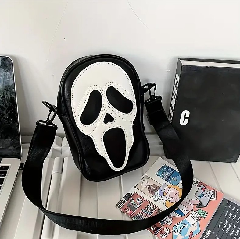 GHOST FACE Scary Movie Vegan Leather Crossbody Shoulder Bag, Vintage Retro Style Screaming Face Trendy Zipper Bag, Casual Purse, Halloween - Asylum Books