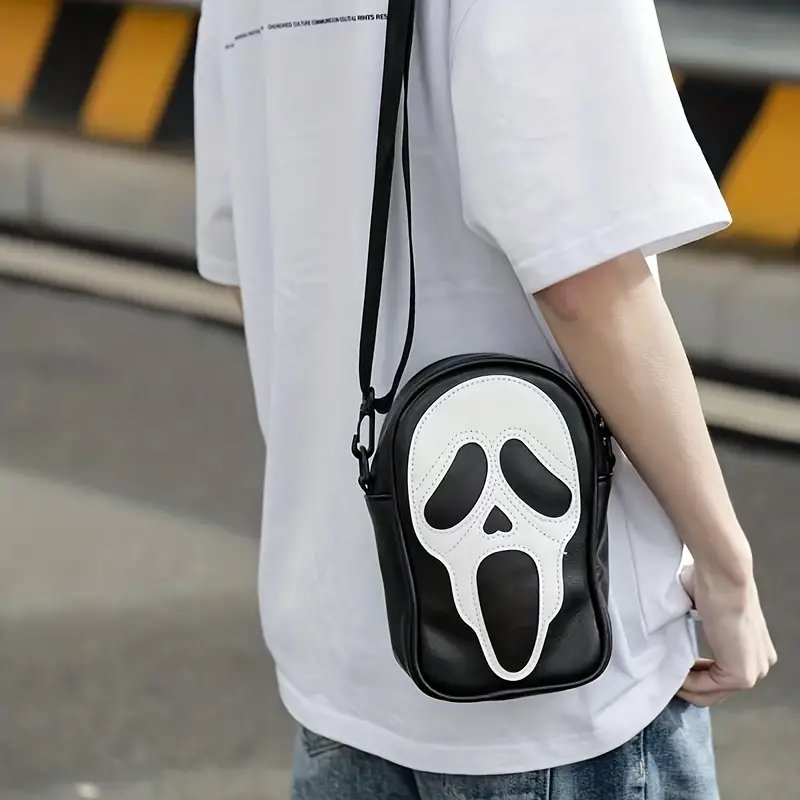 GHOST FACE Scary Movie Vegan Leather Crossbody Shoulder Bag, Vintage Retro Style Screaming Face Trendy Zipper Bag, Casual Purse, Halloween - Asylum Books