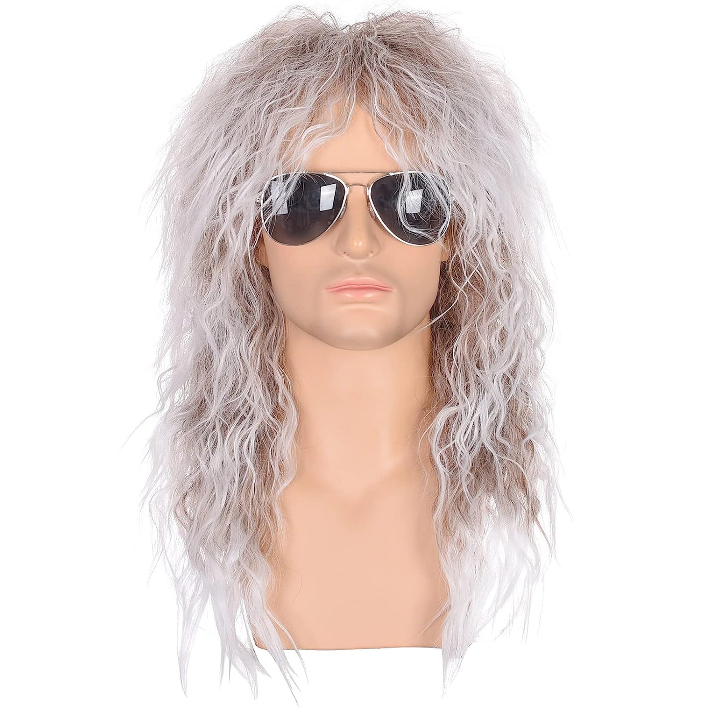 Heavy Metal ROCKER WIG 1980s Hair For Men Long Curly Silver Synthetic Glam Rocker Throwback Retro Look Perfect for Halloween, Cosplay, Costume - Asylum Books