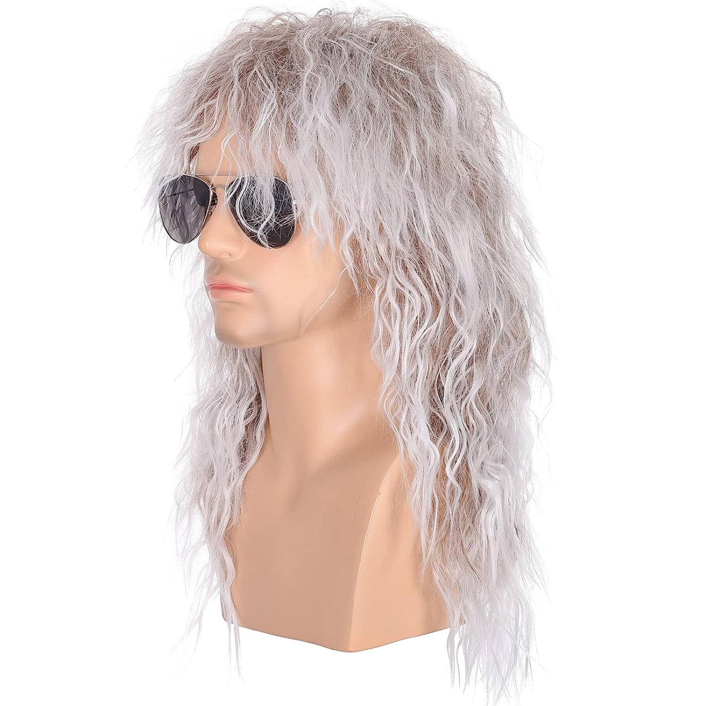 Heavy Metal ROCKER WIG 1980s Hair For Men Long Curly Silver Synthetic Glam Rocker Throwback Retro Look Perfect for Halloween, Cosplay, Costume - Asylum Books