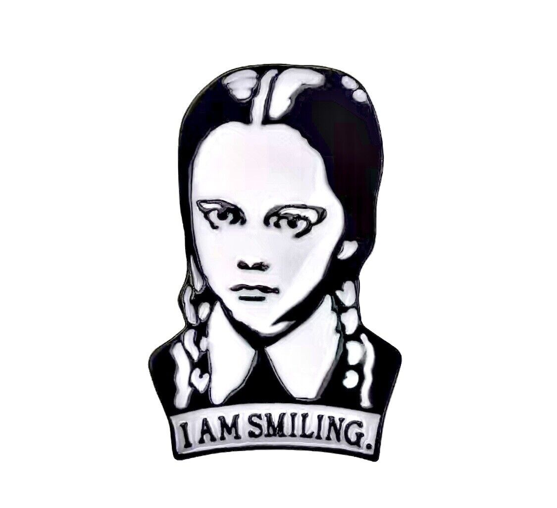 I AM SMILING Wednesday Addams Enamel Pin- Funny Gothic Tim Burton Brooch, The Addams Family, Throwback Vintage Style Art Lapel Jewelry Gift for Her - Asylum Books