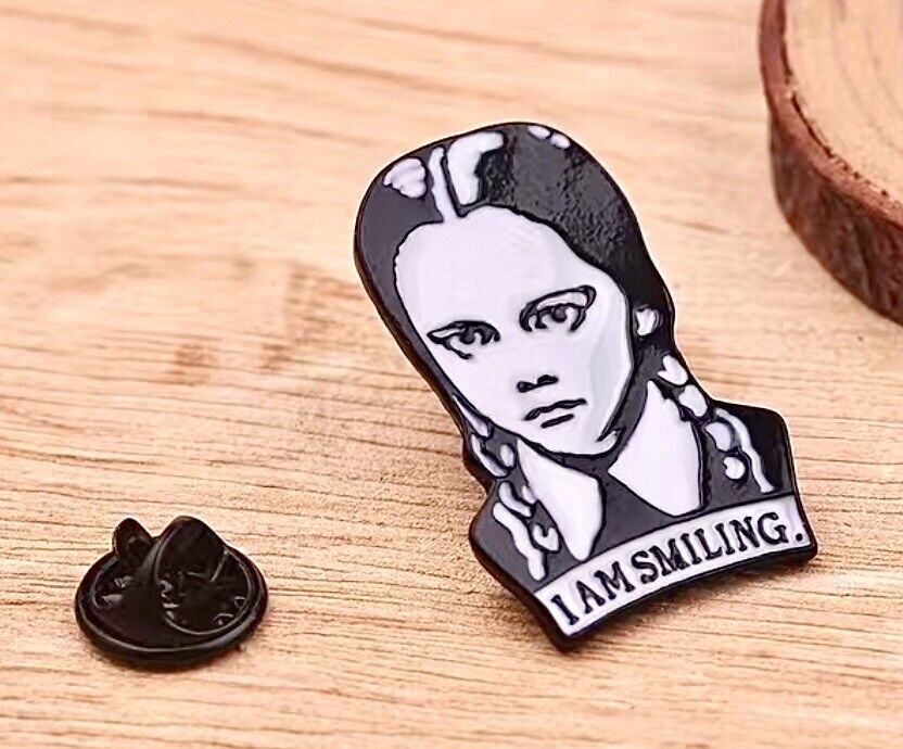 I AM SMILING Wednesday Addams Enamel Pin- Funny Gothic Tim Burton Brooch, The Addams Family, Throwback Vintage Style Art Lapel Jewelry Gift for Her - Asylum Books