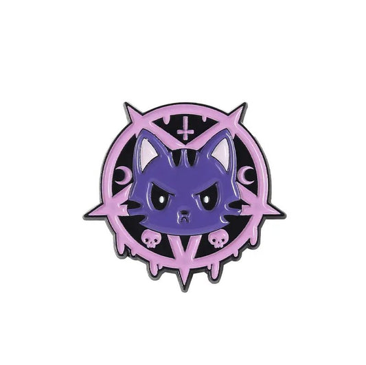 Satan Cat Pin - Purple/Pink Pentagram Vintage Style Artwork, Handpainted Brooch - Asylum Books