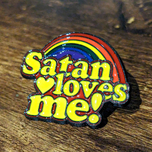 SATAN LOVES ME Enamel Pin Funny Retro Rainbow Vintage Style Artwork, Demon Devil Gag Gift, Halloween Spooky Vibes, Jewelry, Brooch Throwback - Asylum Books