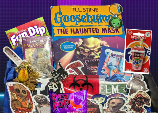 SPOOKY MYSTERY SURPRISE Box - Vintage Goosebumps Books, Spooky Mystery Pack, 90s gifts, Horror Stickers, Spooky Pack, Pins, Keychains Decals - Asylum Books