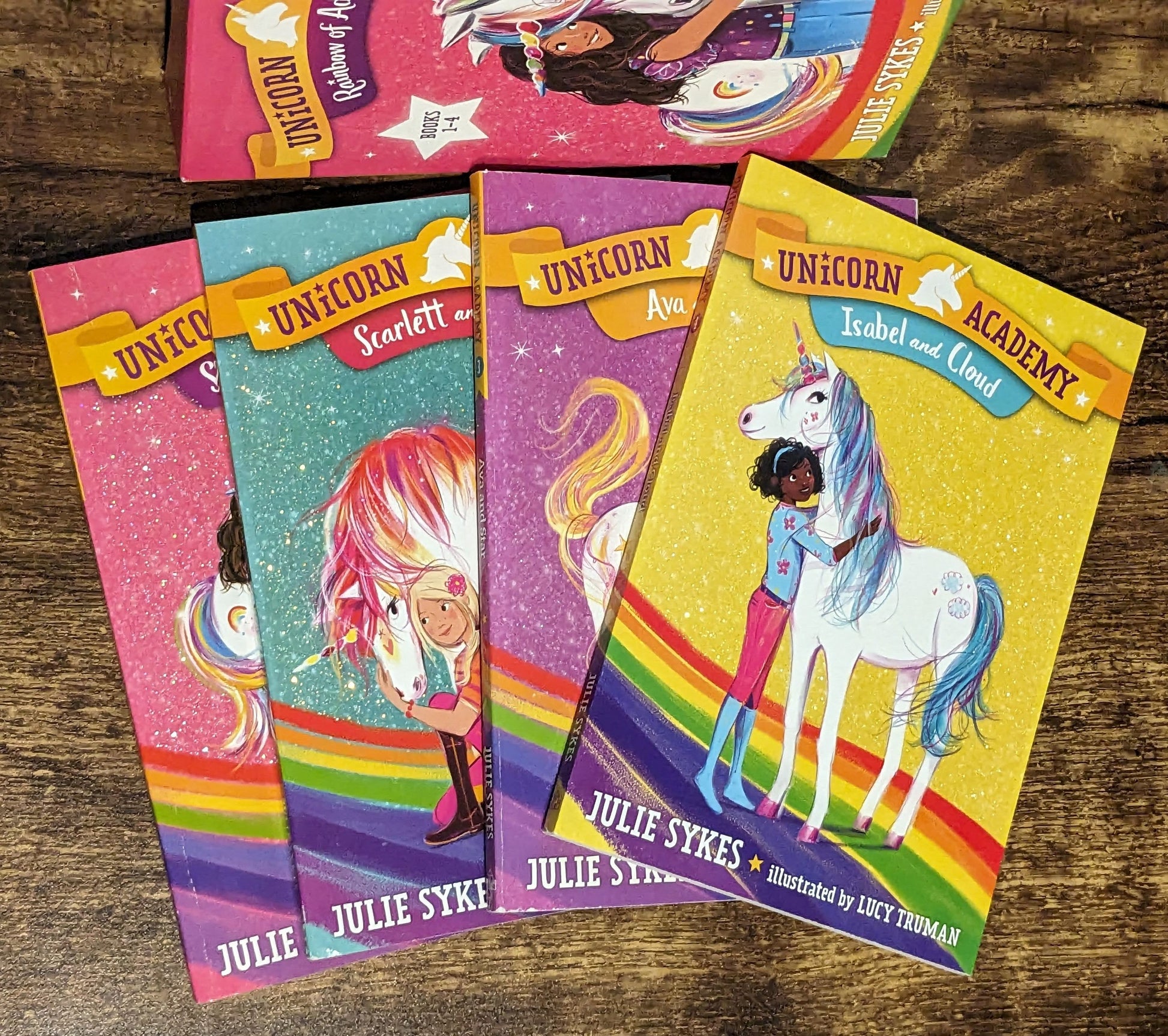 UNICORN ACADEMY COLLECTION - Lot of 4 Paperback Chapter Books with Box, Julie Sykes Bestselling Fantasy Fun Series Kids Book Retro Rainbow - Asylum Books