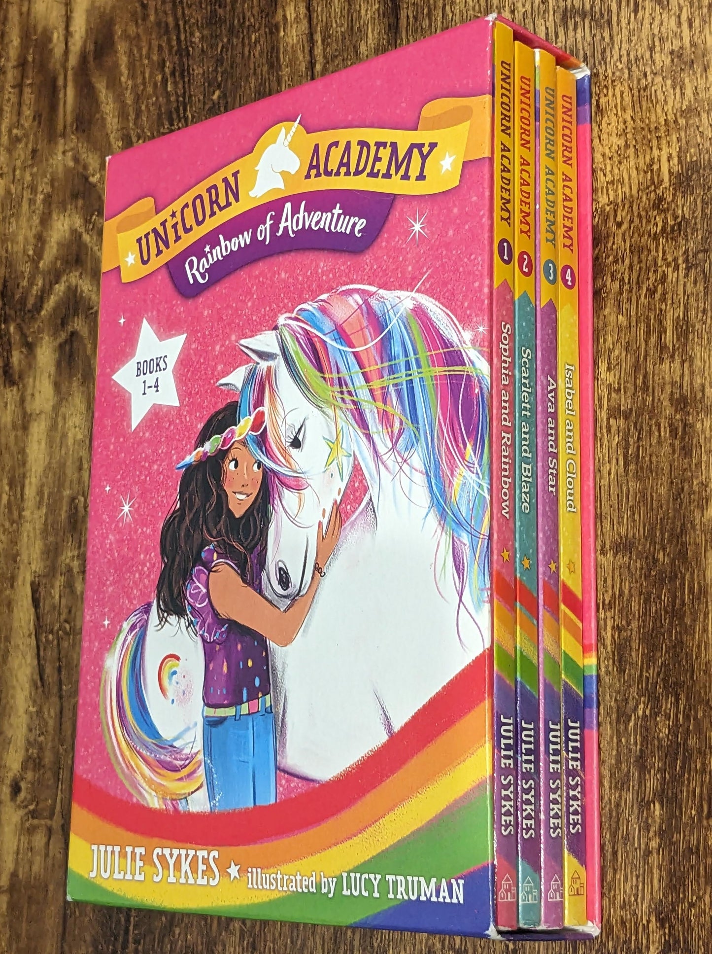 UNICORN ACADEMY COLLECTION - Lot of 4 Paperback Chapter Books with Box, Julie Sykes Bestselling Fantasy Fun Series Kids Book Retro Rainbow - Asylum Books